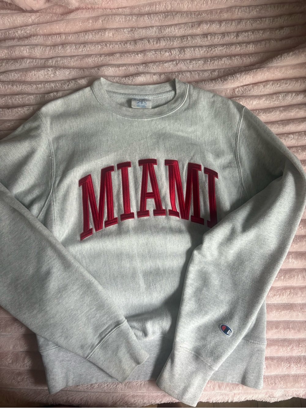 Champion Light Gray Crewneck Sweatshirt with Red MIAMI Appliqué
